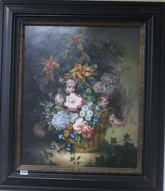 Flemish School Still life of flowers in a basket 59 x 49cm